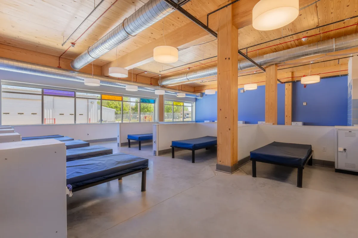 Dormitory room with blue-mattressed beds and cubicle dividers beneath exposed wood ceiling